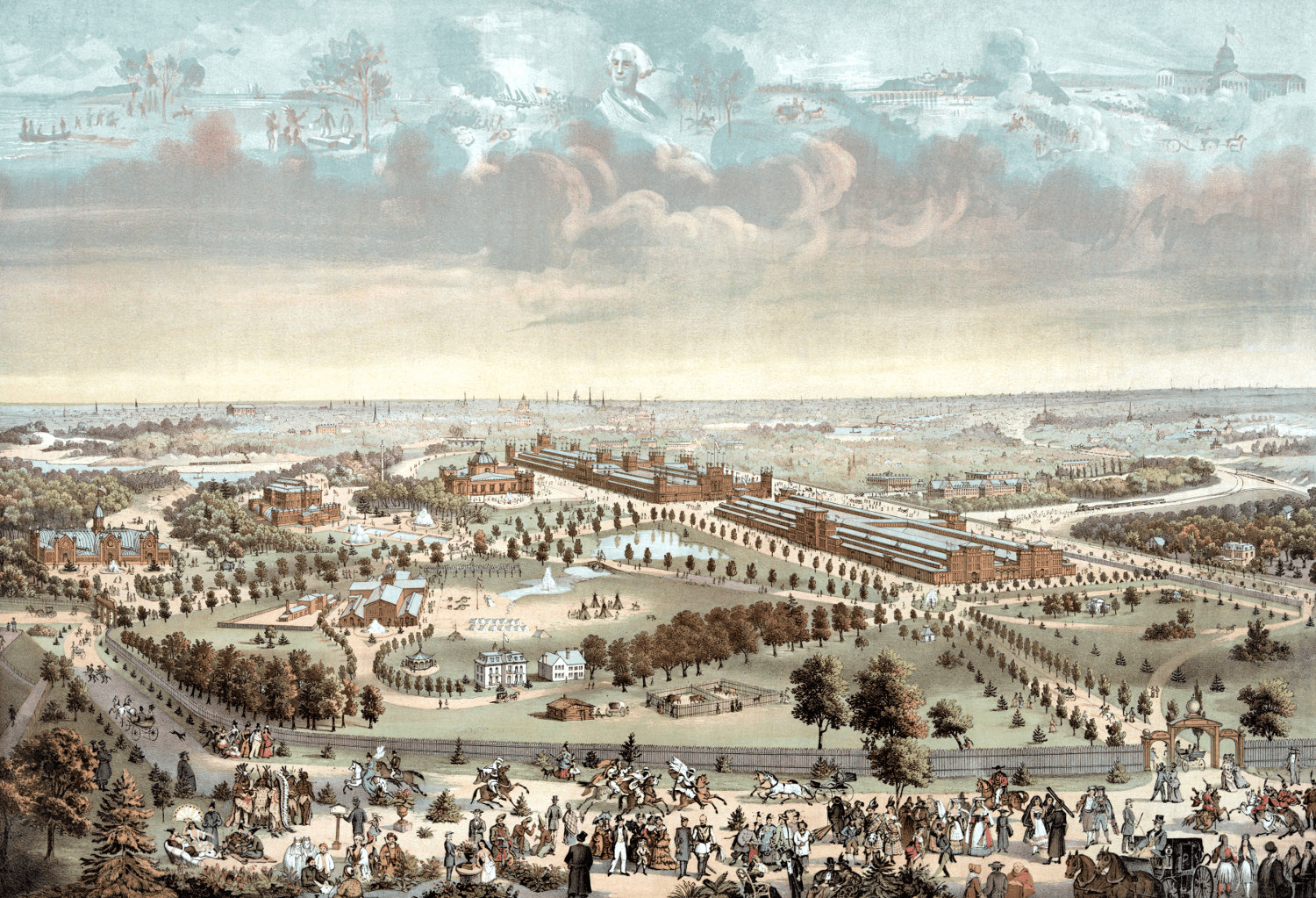 A drawing of the 1876 Centennial Exhibition grounds in Fairmount Park, Philadelphia.