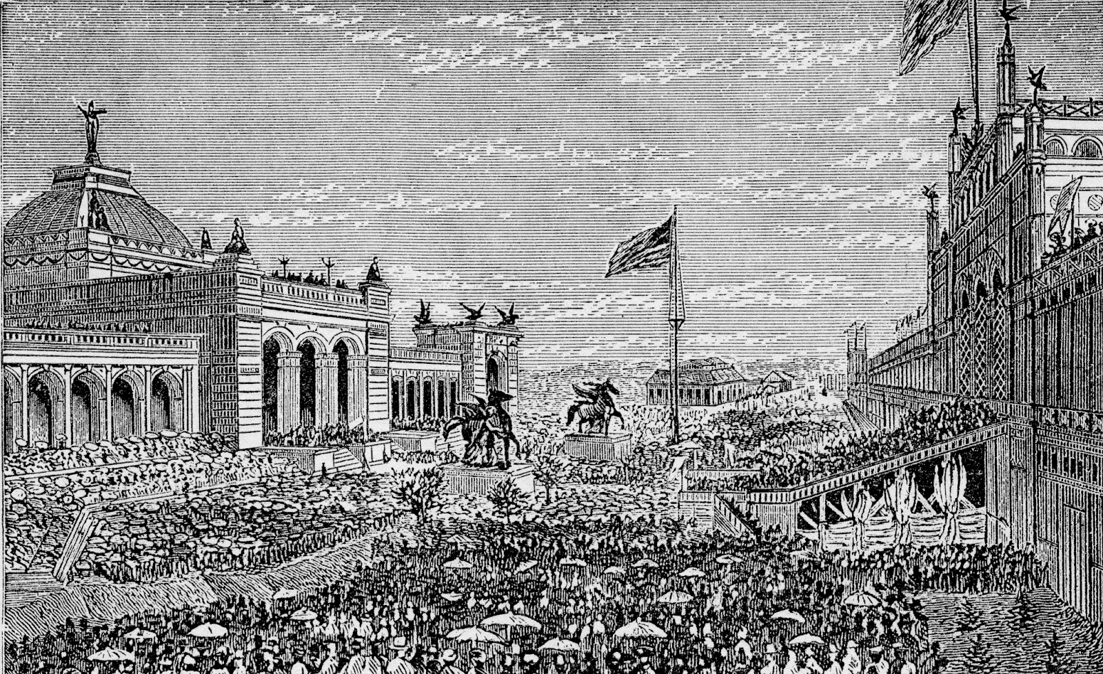 An illustration of the main exhibition hall for the 1876 Centennial Exhibition in Philadelphia.